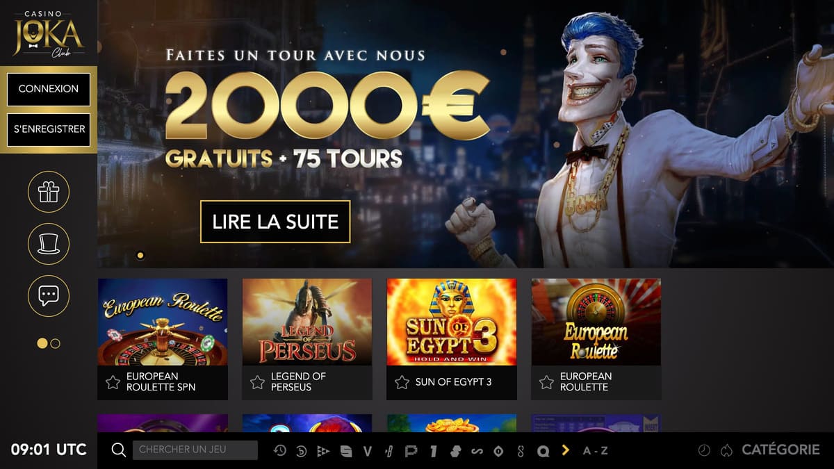 Interface du lobby de Joka Casino avec la sélection de jeux et le programme Joka Dimes mis en avant