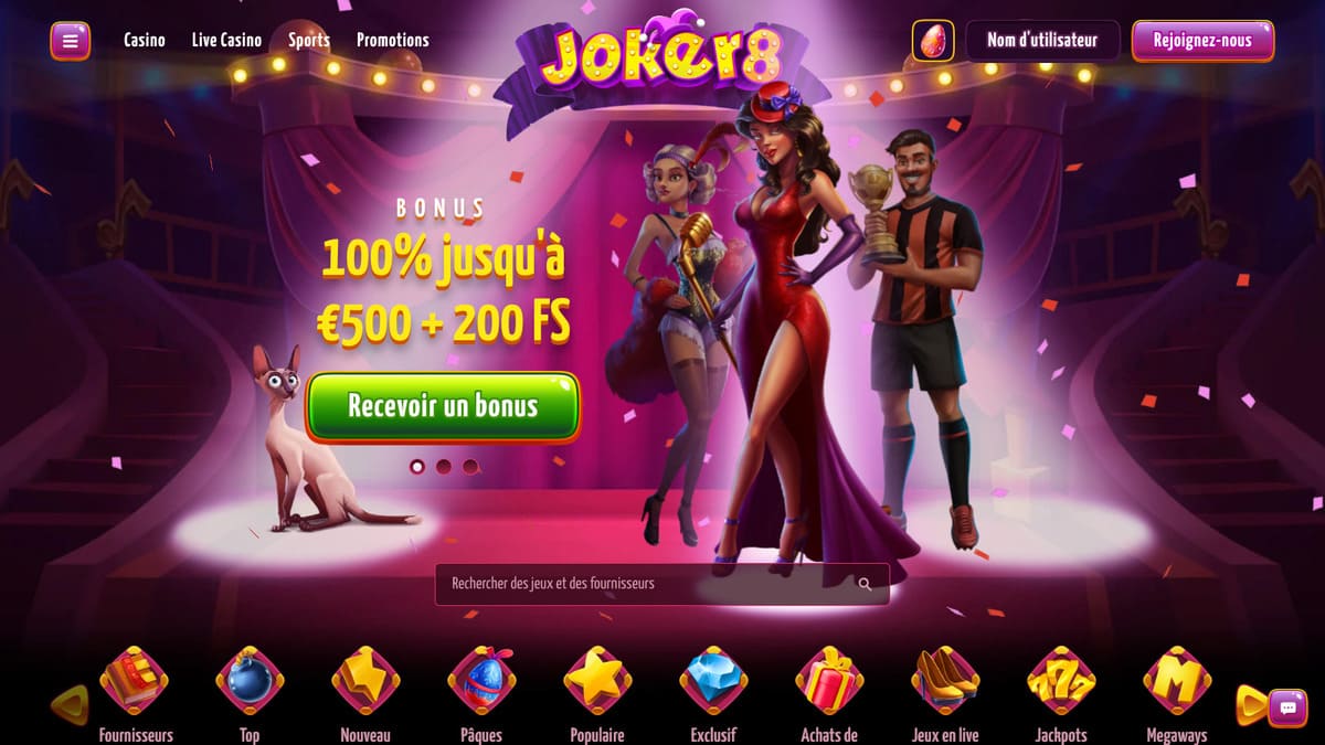 Lobby principal de Joker8 casino avec la sélection de jeux et les catégories en évidence