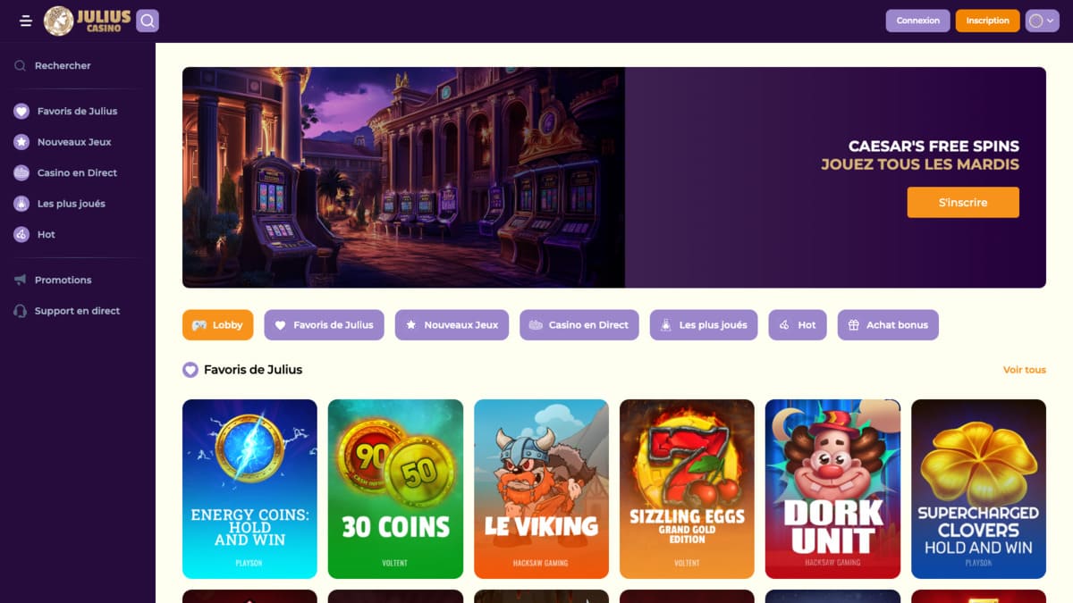 Interface du lobby de Julius Casino avec la barre de navigation latérale et les catégories de jeux disponibles