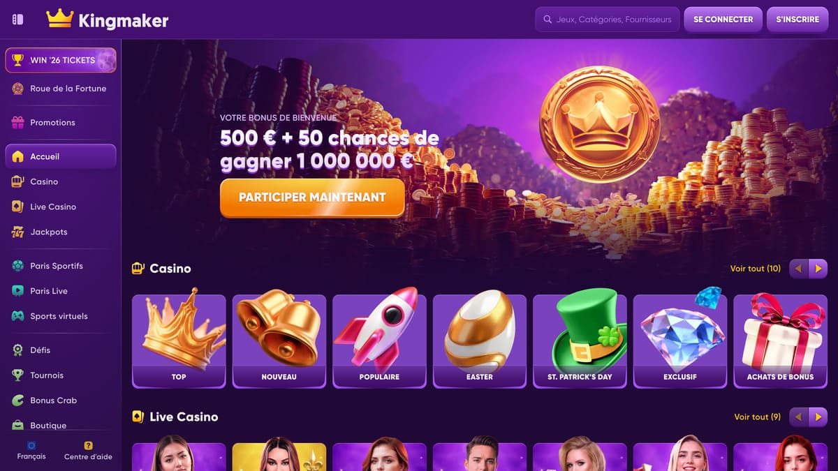 Interface principale de Kingmaker casino affichant le bonus de bienvenue et les catégories de jeux disponibles