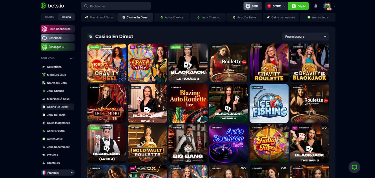 Section casino en direct de Bets.io avec les tables Evolution Gaming disponibles en temps réel
