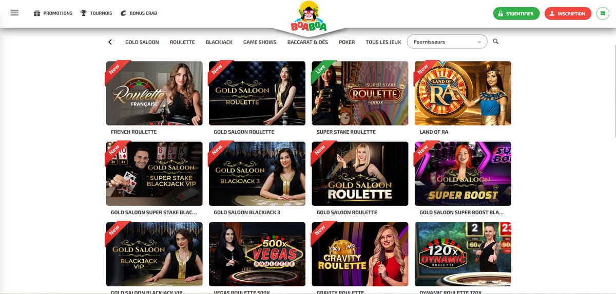 Tables de live casino sur BoaBoa Casino avec les croupiers Evolution en direct