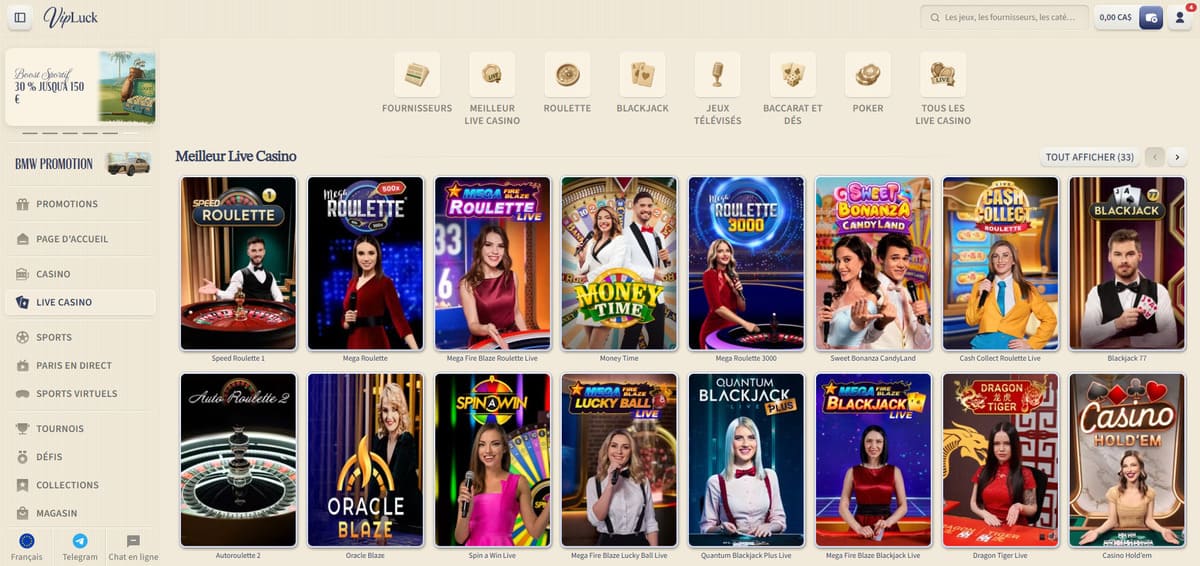 Section live casino de VipLuck avec tables Evolution en streaming HD et croupiers en direct