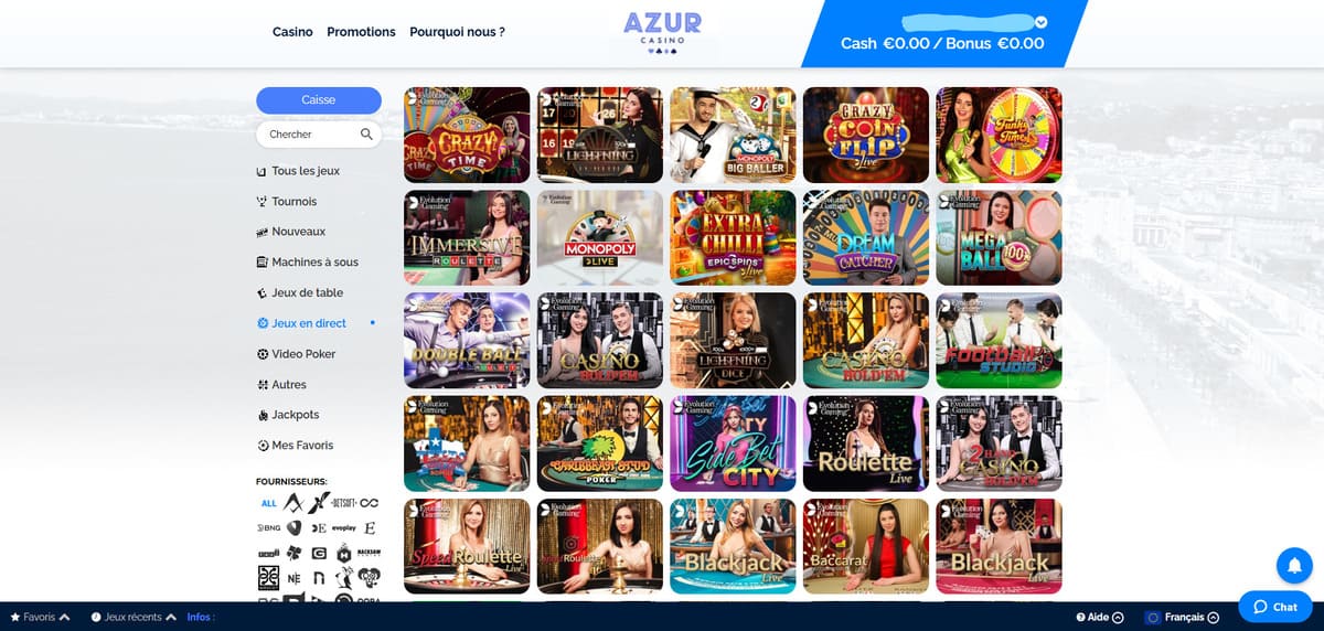 Section live casino d'Azur Casino avec les tables Evolution Gaming en direct