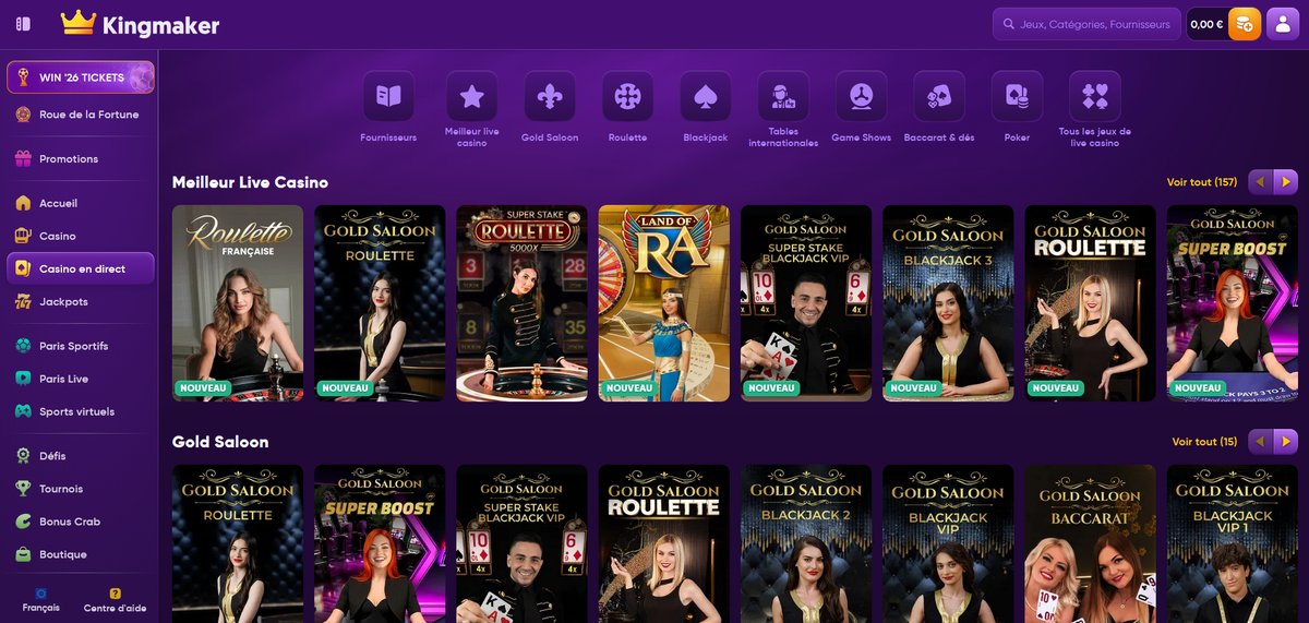 Section live casino de Kingmaker avec les tables Evolution Gaming et Pragmatic Play Live en temps réel