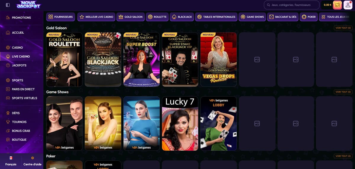 Lobby live casino de NovaJackpot avec tables Evolution Gaming et roulette en direct sur interface desktop