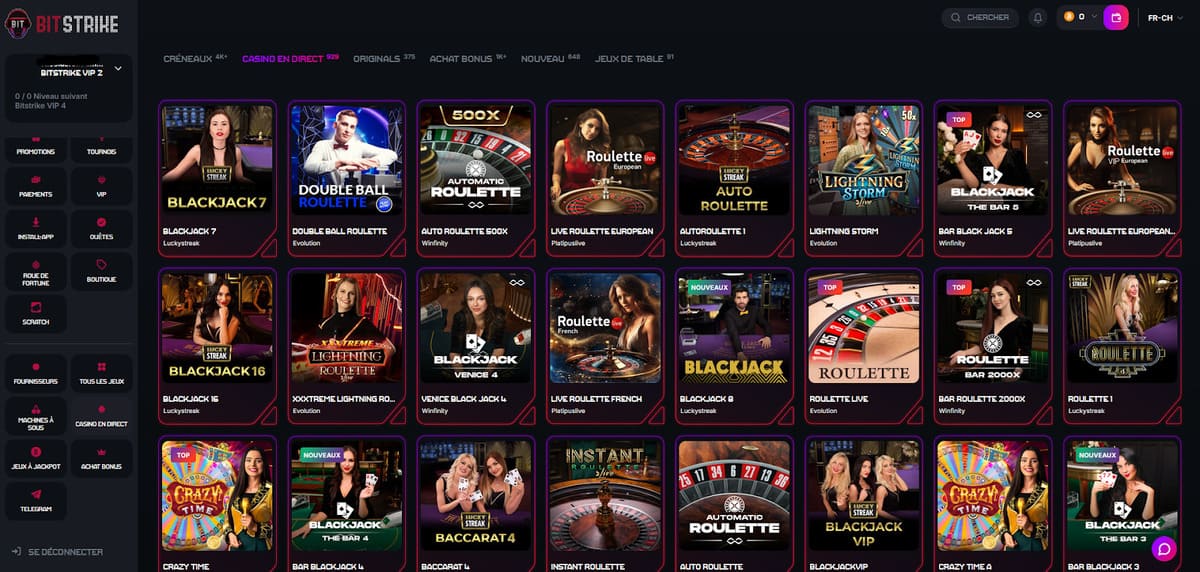 Section live casino de Bitstrike avec les tables Evolution Gaming et LuckyStreak en temps réel