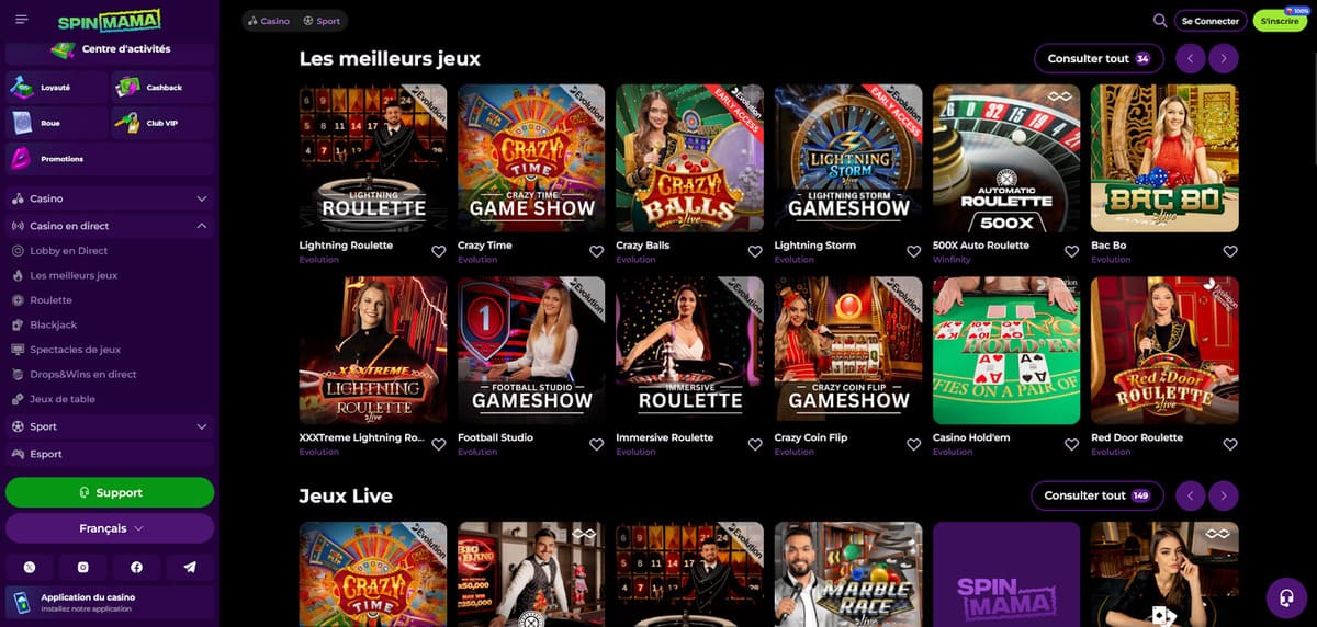 Salle de casino en direct de Spinmama Casino avec les tables Evolution Gaming en temps réel