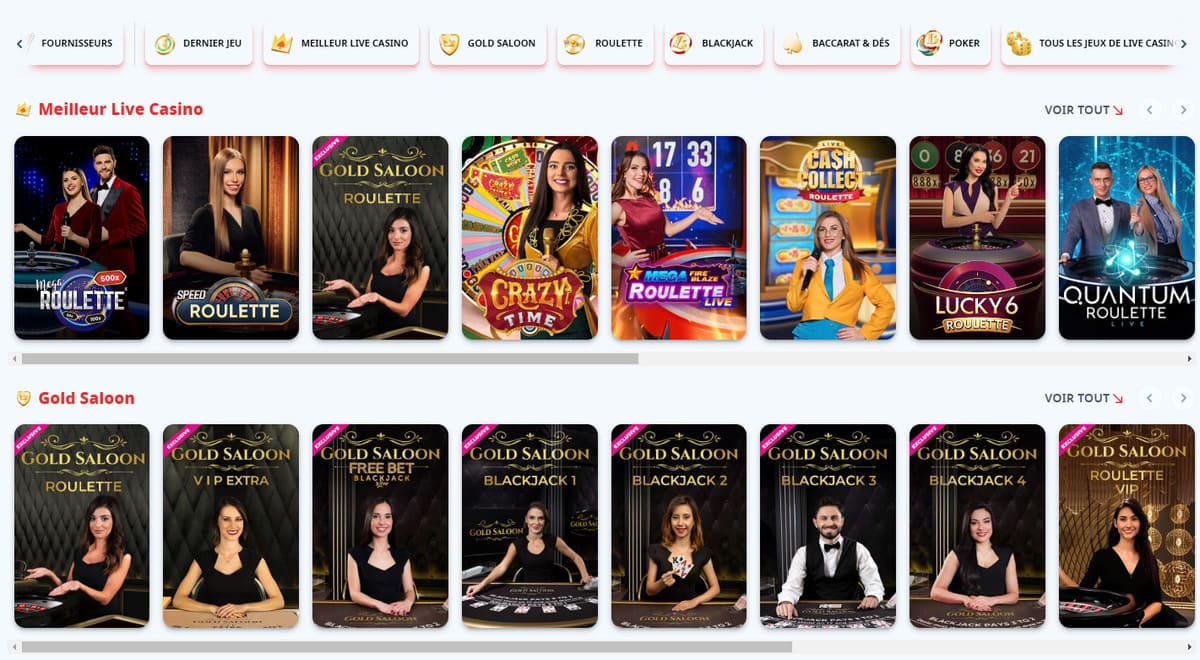 Section live casino de Casino Infinity avec tables Evolution Gaming disponibles en temps réel et menu de filtres par catégorie
