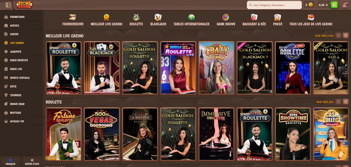 Section live casino de StoneVegas avec les tables Evolution et Pragmatic Live disponibles en direct