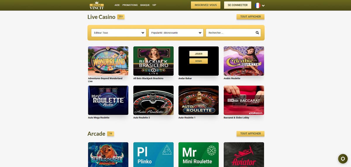 Lobby du casino en direct de Royal Vincit affichant les 250 tables live Playtech et Pragmatic Live