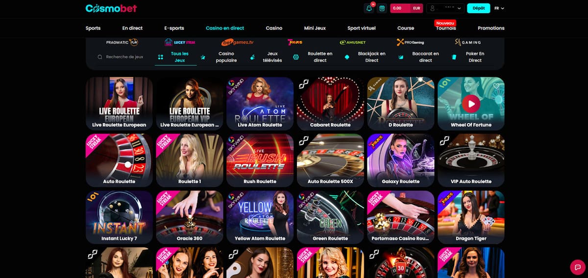 Section casino live de Cosmobet avec les tables Evolution et Pragmatic Live, plus de 300 tables de croupiers en direct