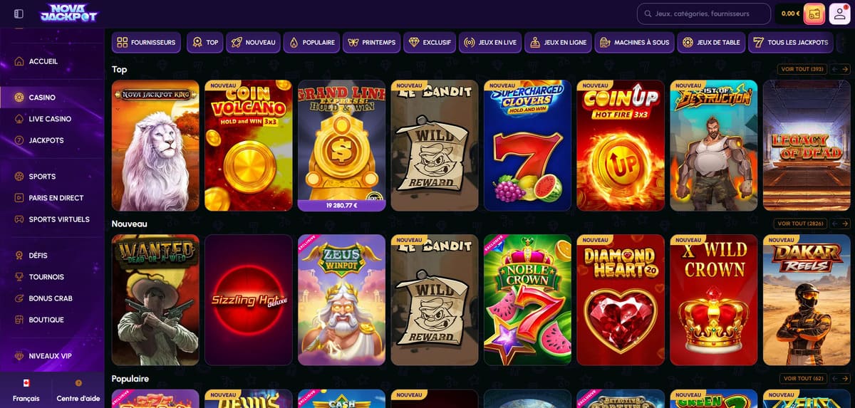 Interface du lobby casino NovaJackpot avec sélection de slots et jeux de table en première ligne