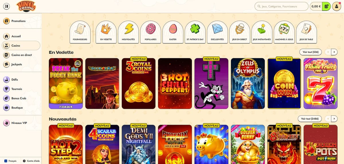 Lobby de Vinyl Casino avec son interface vintage années 70 et sa ludothèque de 10 000 jeux organisée par catégories