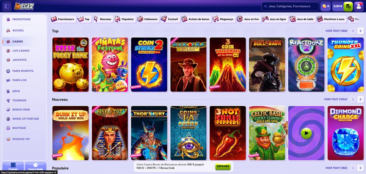 Lobby de la ludothèque Spinbara Casino affichant plus de 7 750 slots triés par catégorie et fournisseur
