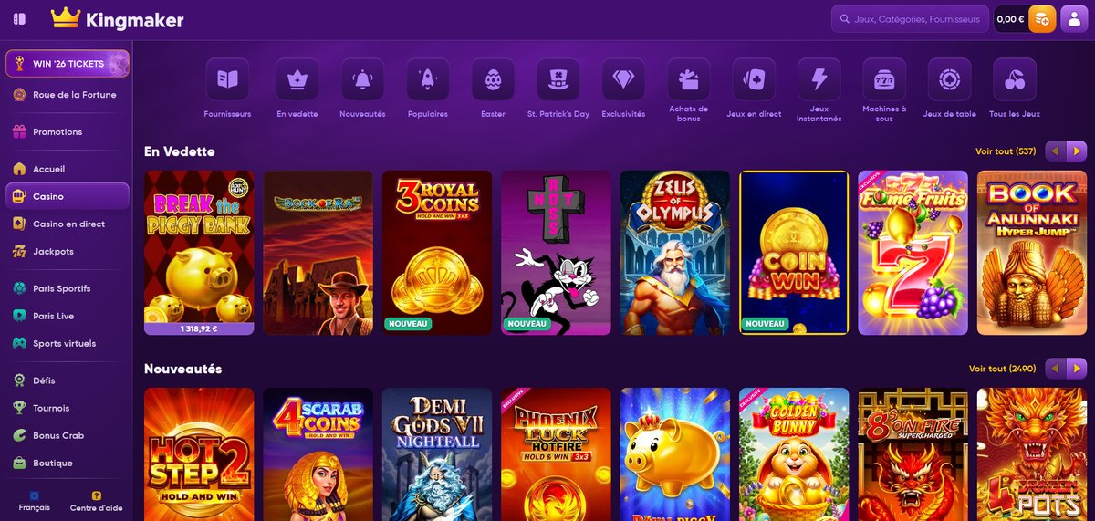 Lobby de la ludothèque de Kingmaker casino avec les catégories de jeux et plus de 9 000 titres disponibles