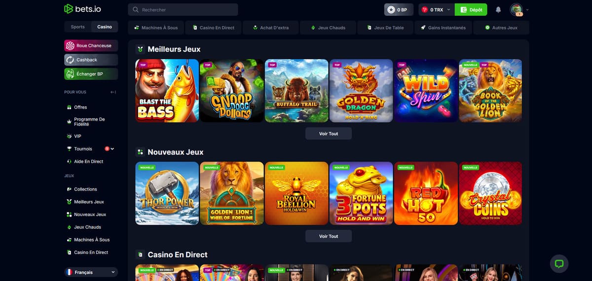 Section ludothèque de Bets.io affichant les catégories de jeux et la sélection de 7 400 titres disponibles