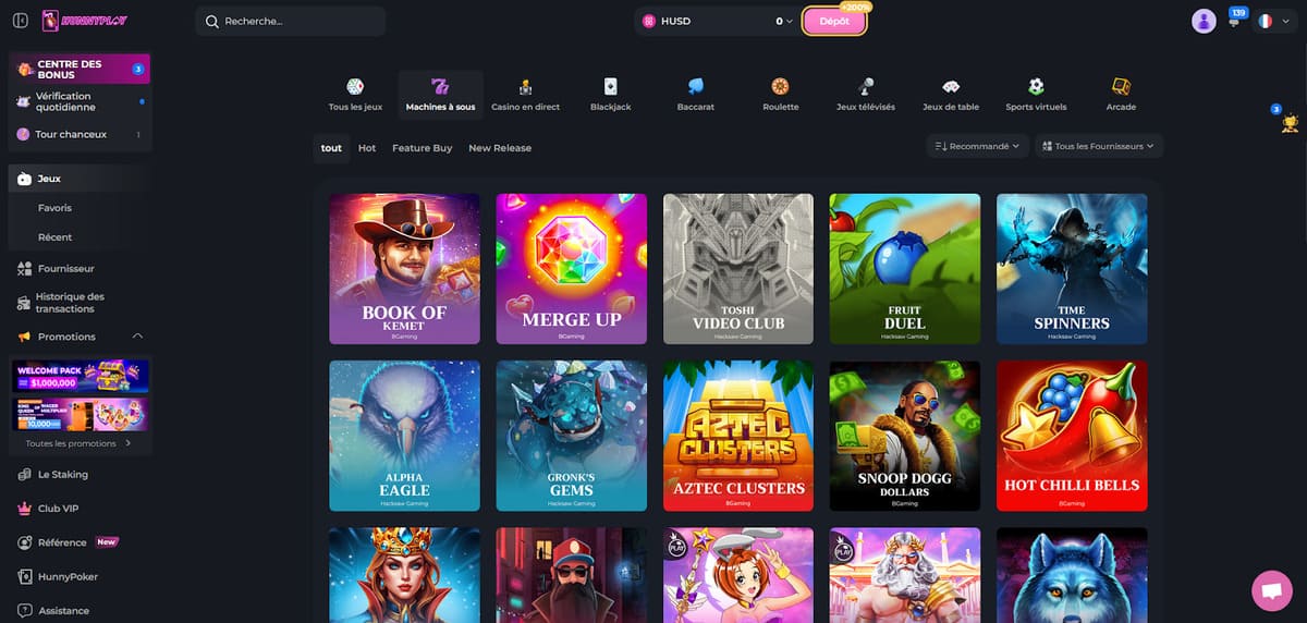Section machines à sous de HunnyPlay Casino avec les 2 800 titres disponibles et les filtres fournisseurs