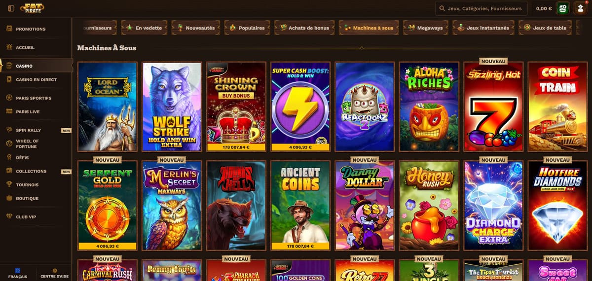 Section machines à sous de FatPirate Casino avec les filtres fournisseurs et 10 000 slots disponibles