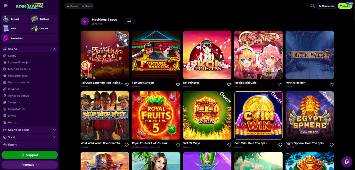 Section machines à sous de Spinmama Casino affichant les 2 700 slots disponibles organisés par catégories