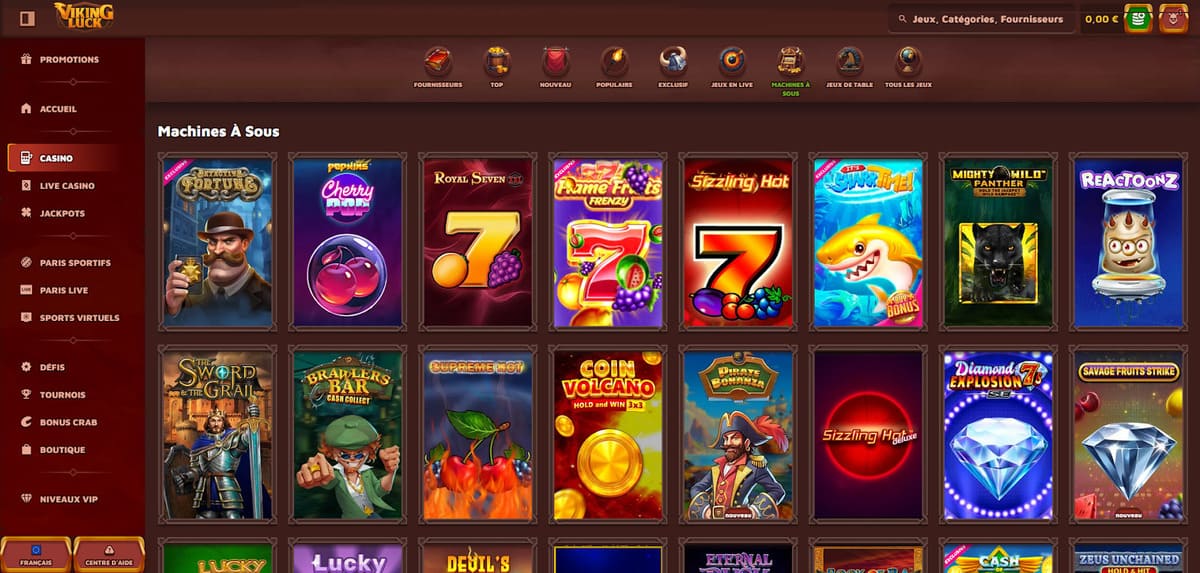 Lobby des machines à sous de VikingLuck Casino avec la sélection de slots disponibles