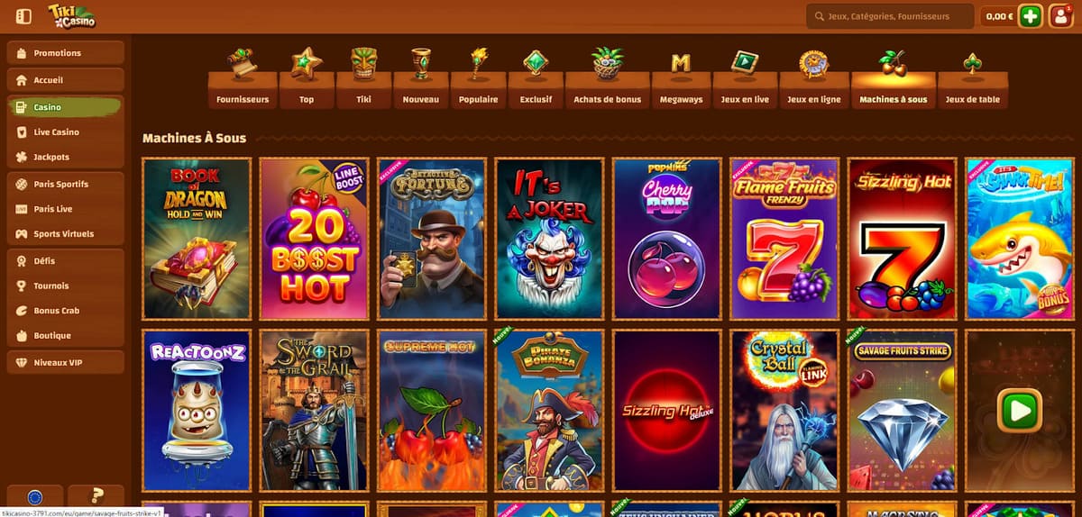 Lobby des machines à sous de Tiki Casino avec la sélection de slots disponibles en 2026