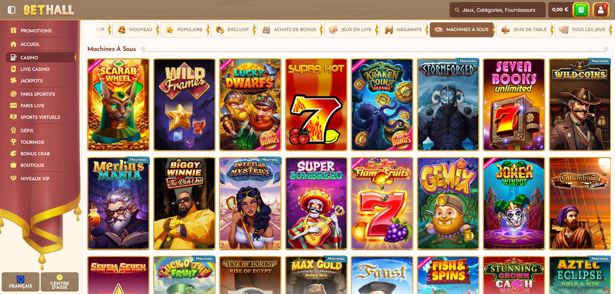 Lobby machines à sous de BetHall Casino avec plus de 7 000 titres accessibles depuis la page d'accueil