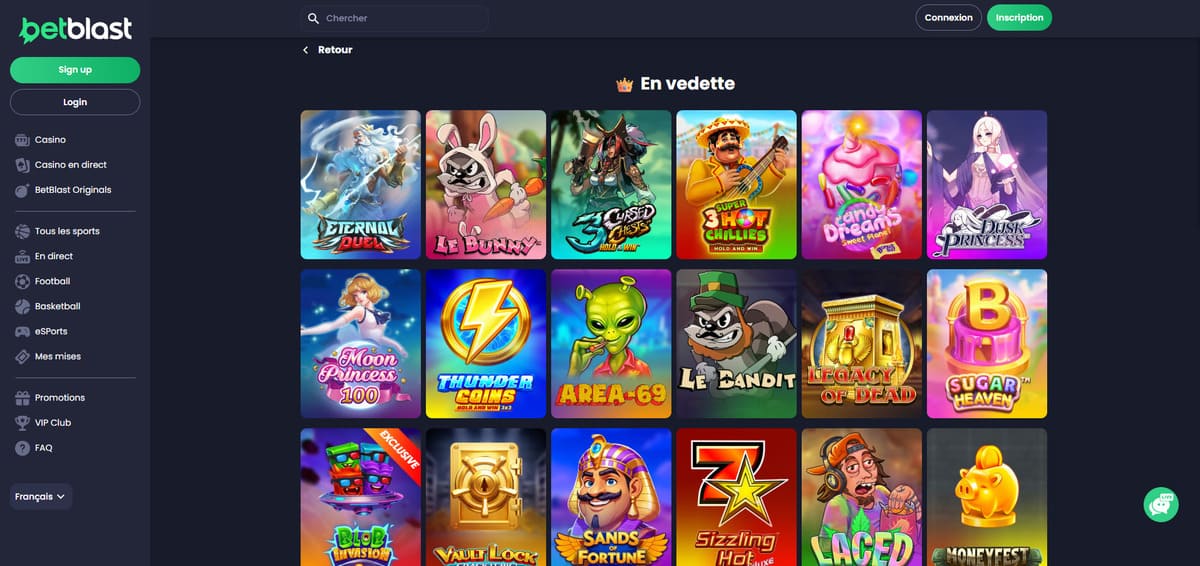 Section machines à sous de Betblast Casino affichant les slots disponibles de Pragmatic Play et Hacksaw Gaming