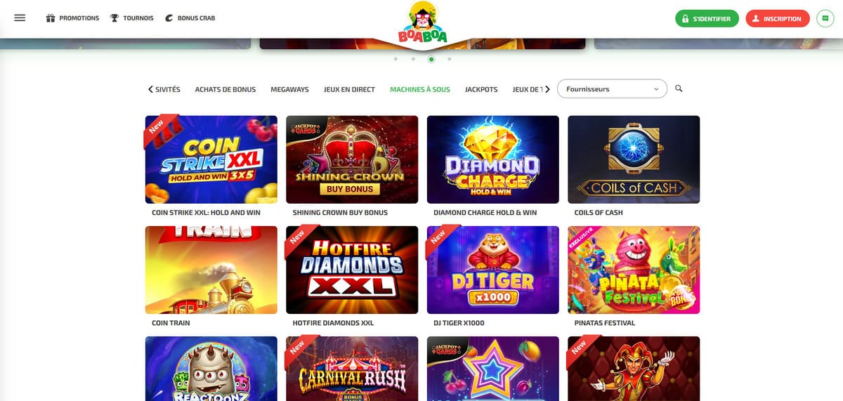 Section machines à sous de BoaBoa Casino affichant les slots disponibles triés par fournisseur