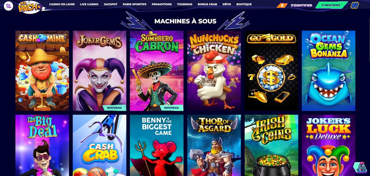 Section machines à sous de MrPacho avec les slots phares disponibles dans la ludothèque