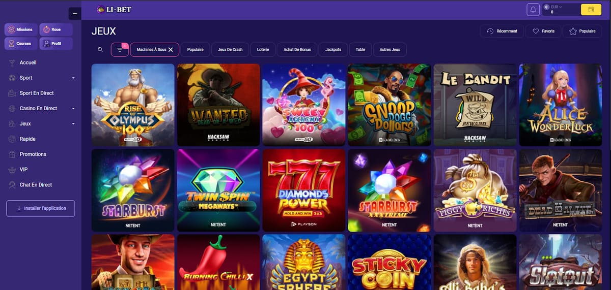 Lobby des machines à sous LiBet Casino avec les slots Pragmatic Play et Hacksaw Gaming en vedette
