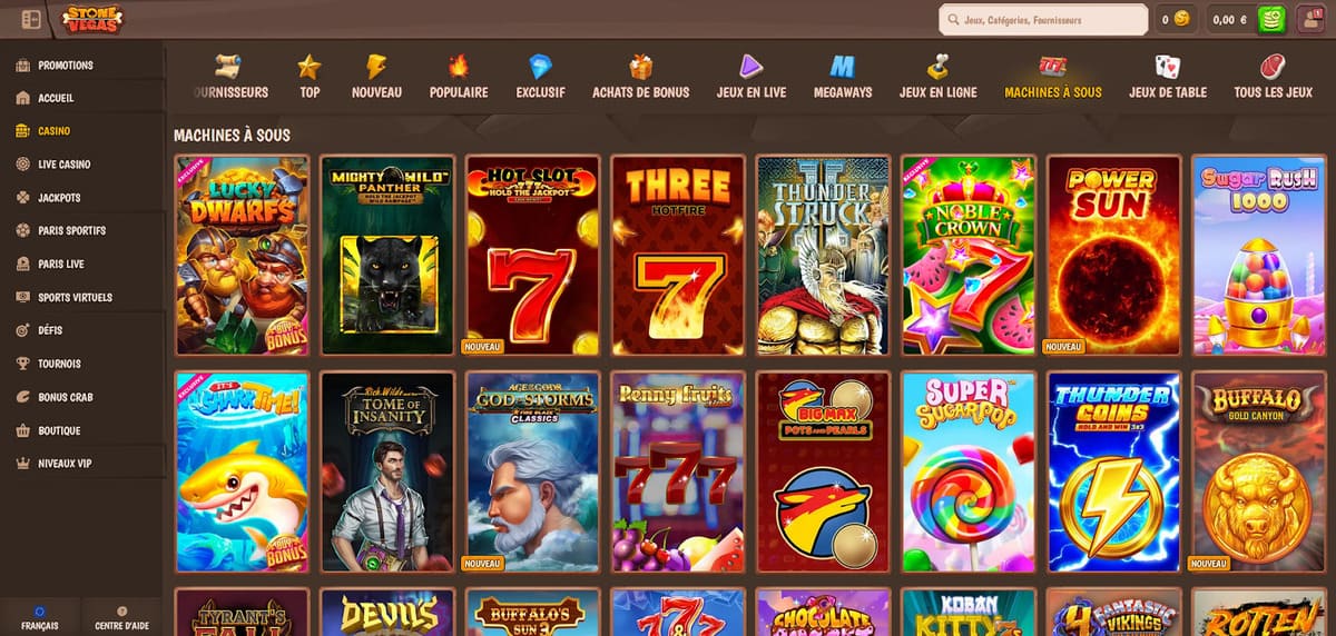 Lobby des machines à sous de StoneVegas avec les slots Hacksaw Gaming et Pragmatic Play en vedette