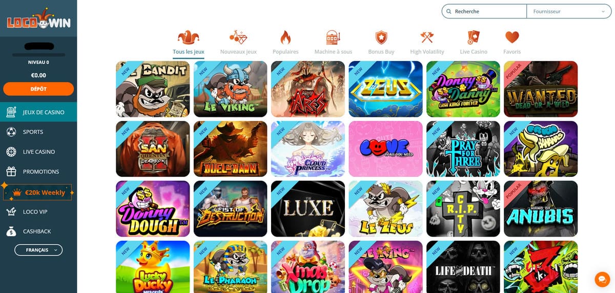 Sélection de machines à sous sur LocoWin Casino avec les titres des studios Hacksaw Gaming, Pragmatic Play et NetEnt