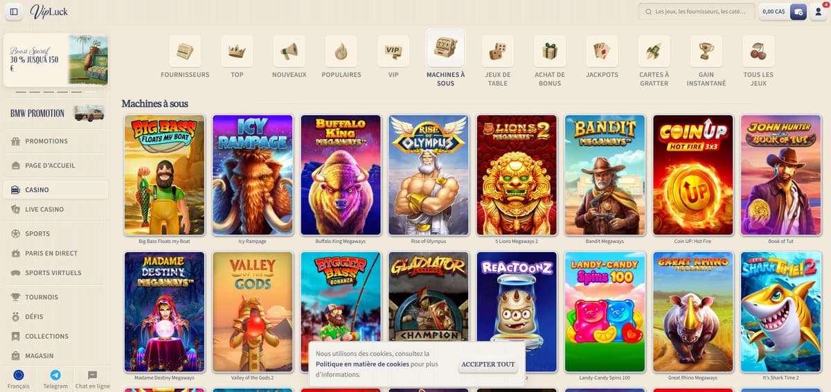 Section machines à sous de VipLuck Casino affichant plus de 8 000 titres classés par fournisseurs