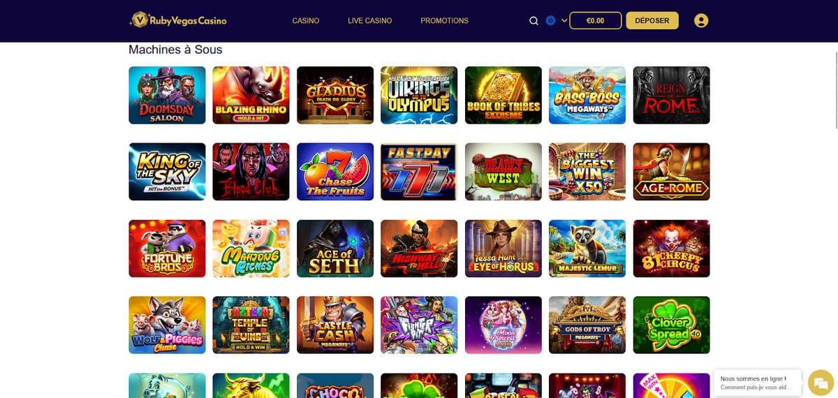 Section machines à sous de Ruby Vegas avec les slots Hacksaw Gaming et Pragmatic Play en vedette