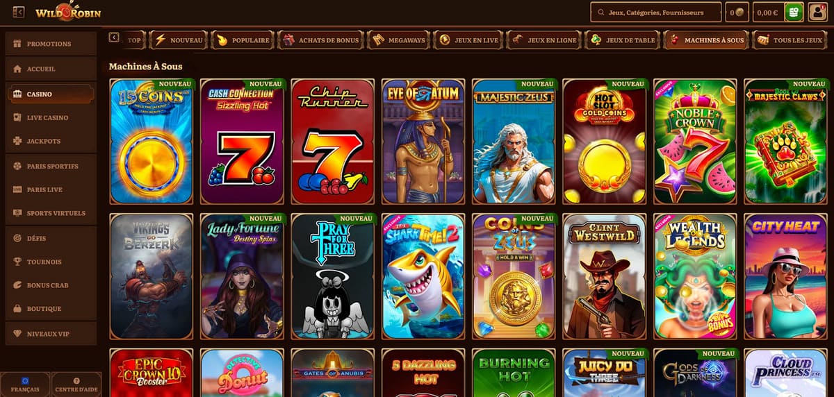 Section machines à sous de WildRobin casino affichant la grille de slots disponibles par catégorie