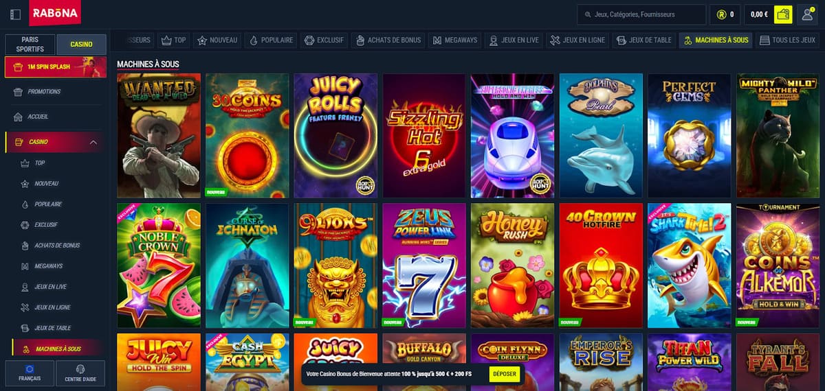 Lobby machines à sous de Rabona Casino, sélection de slots avec filtres par studio visibles