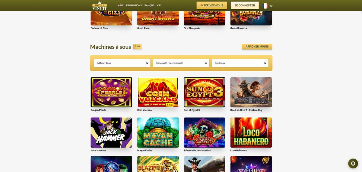 Interface de la section machines à sous de Royal Vincit avec le catalogue de plus de 3 100 slots disponibles