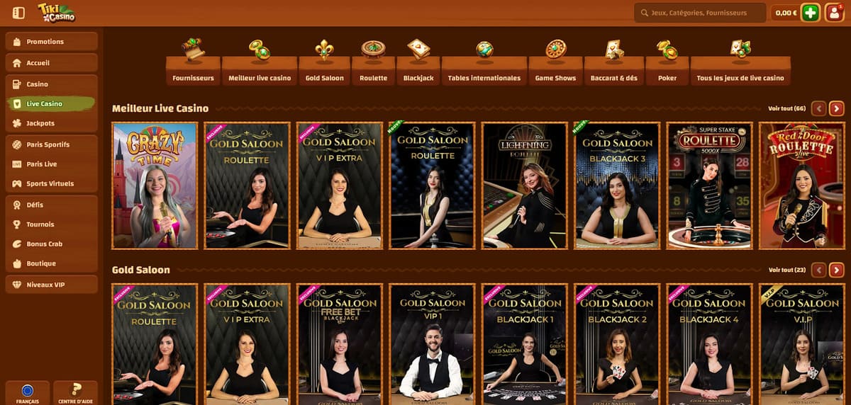 Section live casino de Tiki Casino avec les tables Evolution et Live88 disponibles