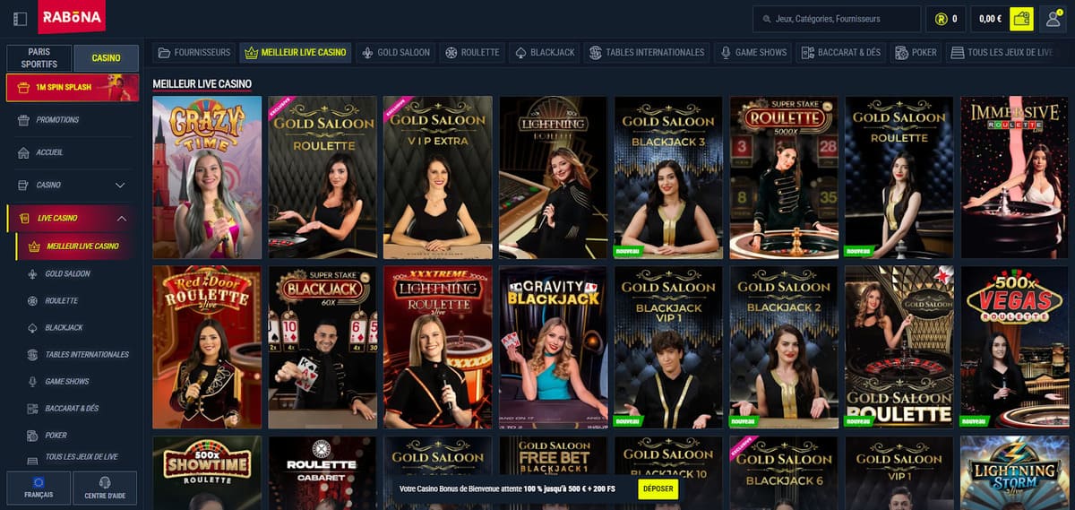 Section casino en direct de Rabona avec tables Evolution Gaming ouvertes et croupiers en temps réel