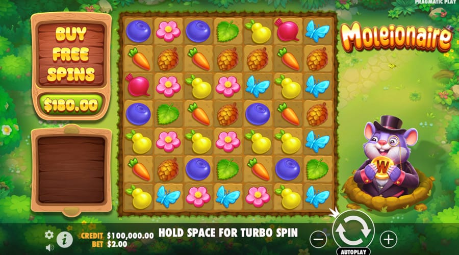 Grille 7×7 de Moleionaire avec un cluster de fruits en formation et la React Pair active en jeu de base