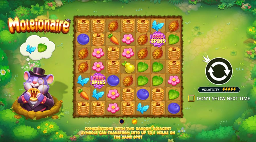 Écran des fonctionnalités de Moleionaire montrant la React Pair avec deux Wilds adjacents sur la grille