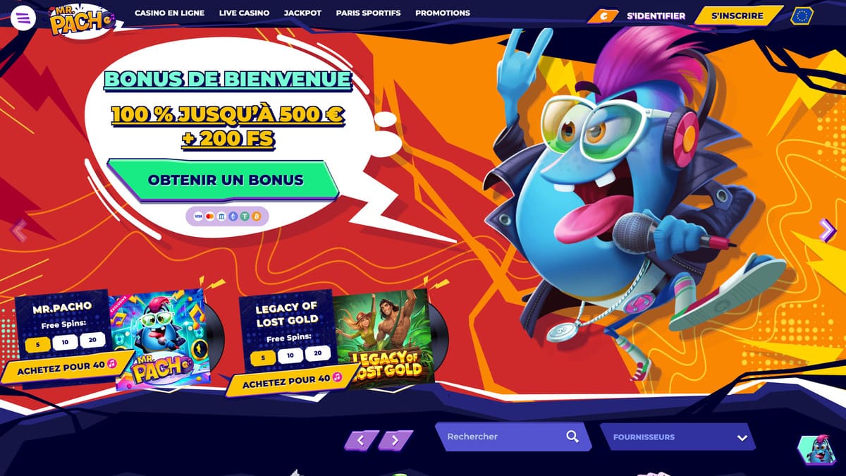Interface lobby de MrPacho Casino avec sa palette colorée et son univers musical festif