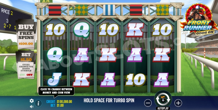 Grille 5x3 de Front Runner Odds On avec la piste hippique en arrière-plan et les symboles jockey sur les rouleaux