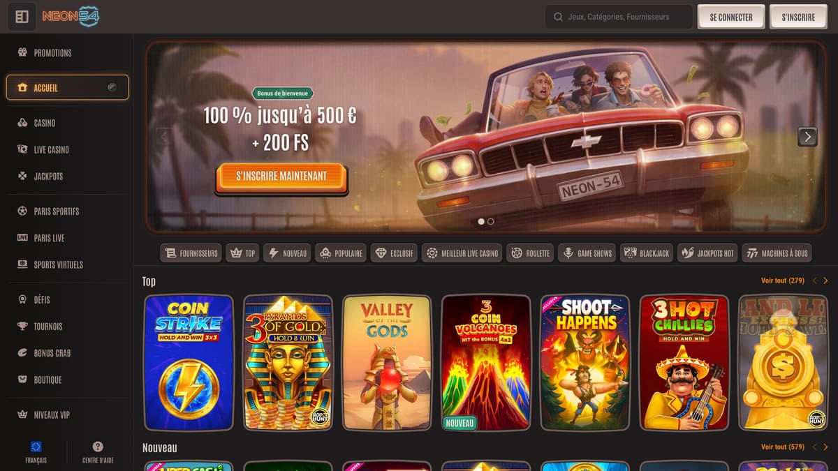 Lobby principal de Neon54 casino avec la sélection de machines à sous et les filtres par fournisseur
