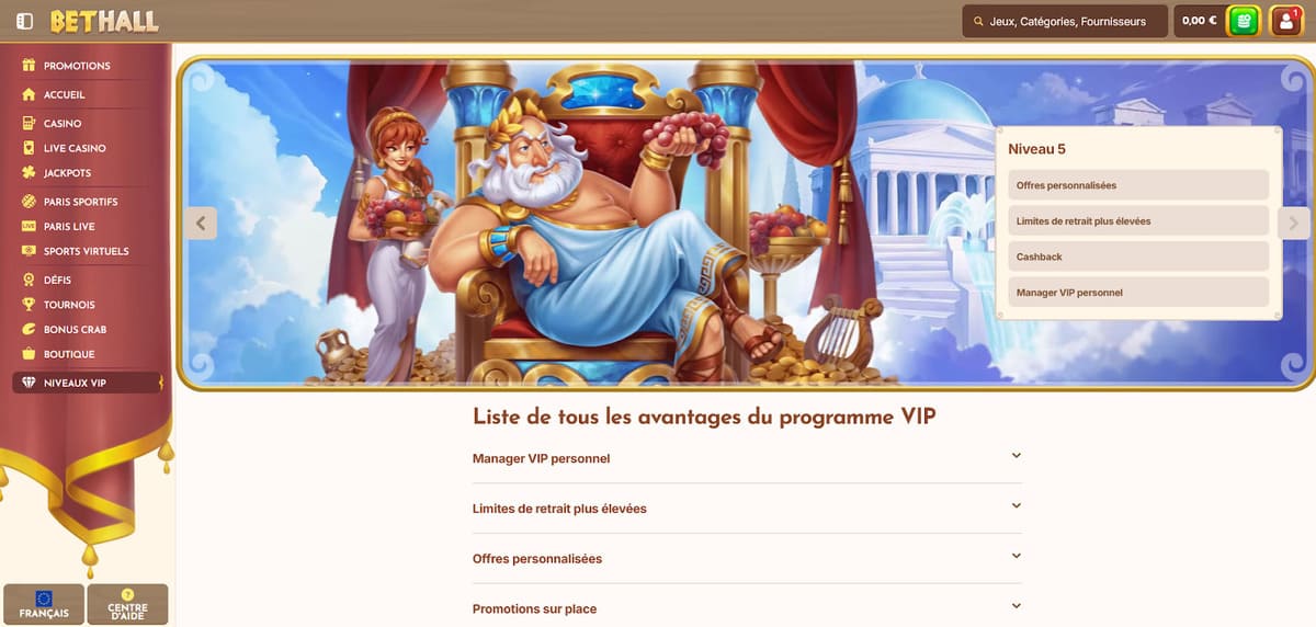 Les 5 niveaux du programme VIP de BetHall Casino avec leurs avantages progressifs par palier