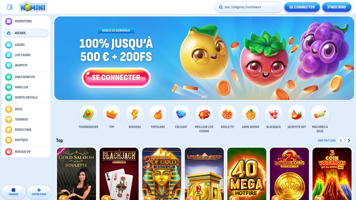 Interface lobby de Nomini Casino affichant les machines à sous en vedette et la navigation principale