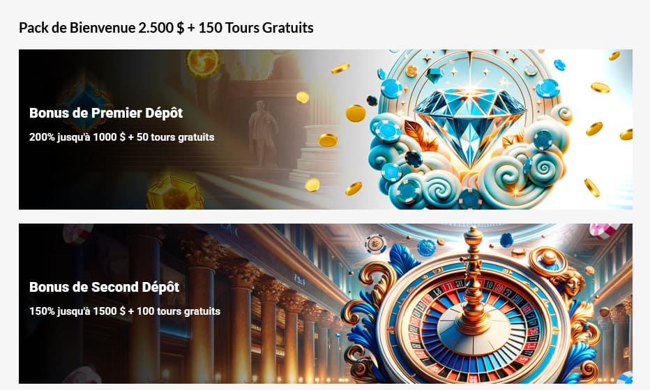 Page bonus de bienvenue de Royal Vincit Casino avec le détail du pack 2 dépôts jusqu'à 2 500 euros