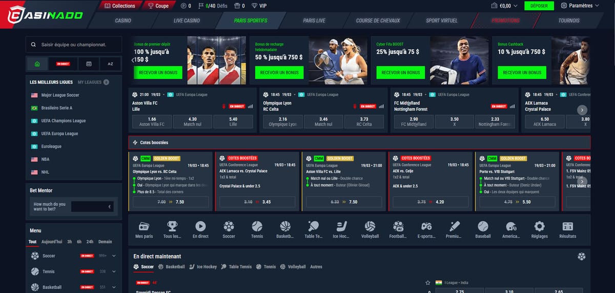 Section paris sportifs de Casinado avec les événements disponibles et les cotes en direct