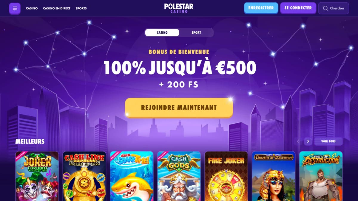 Lobby de PoleStar Casino avec la navigation sur les slots et jeux live disponibles